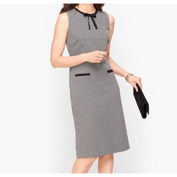 Talbots Black and White Houndstooth Retro Print dress Size 10 Black Bow Sheath - Picture 1 of 8